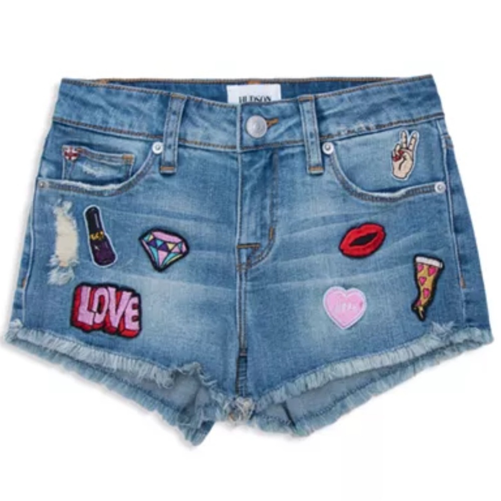 Girls Baby Toddler HUDSON Denim Shorts Cut Offs Patches Bloomies 2T Blue Jeans